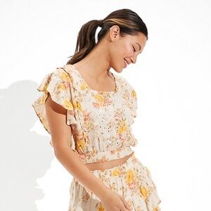 American Eagle Floral Square Neck Smocked Blouse